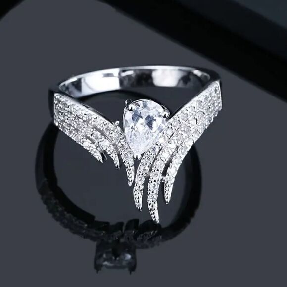 Size 9 Wing angel ring  with Inlaid Zircon White and diamond Plated - Picture 1 of 14